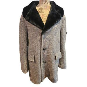 Fox Knapp Mens Wool Faux Fur Pea Coat Blue Grey Sz 44 Made in USA Winter Jacket